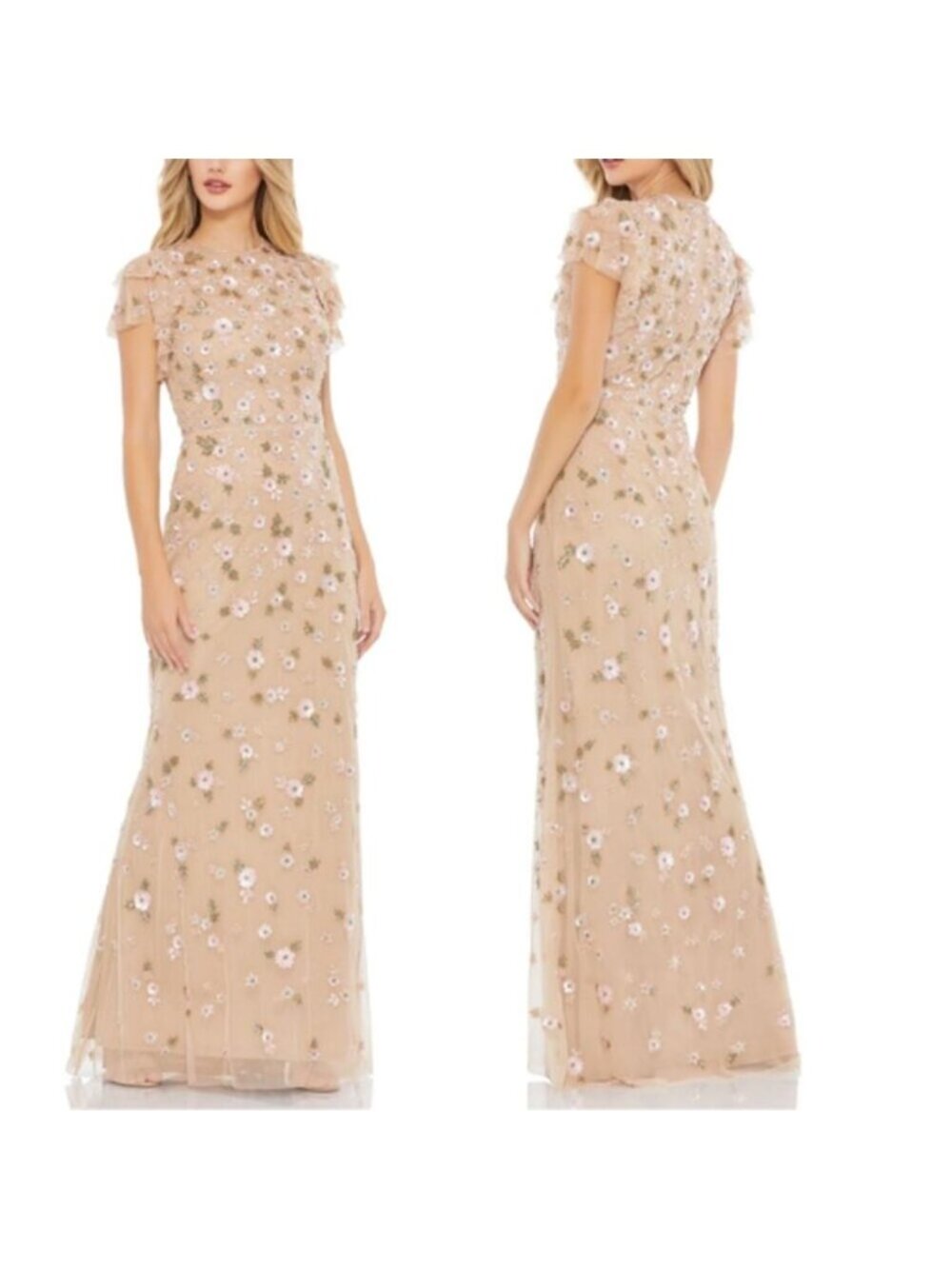 NEW Mac Duggal Floral Embellished High Neck Flutter Sleeves Dress Beige Size: 12